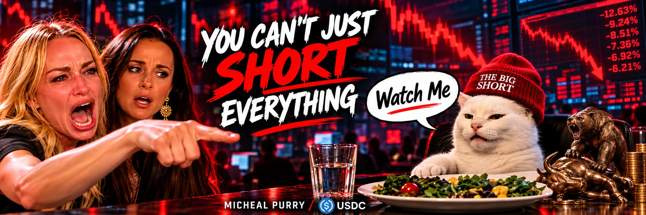 Two women shout YOU CAN'T JUST SHORT EVERYTHING. A smug Micheal Purry cat replies Watch Me while a bronze bear stands over a toppled bull.