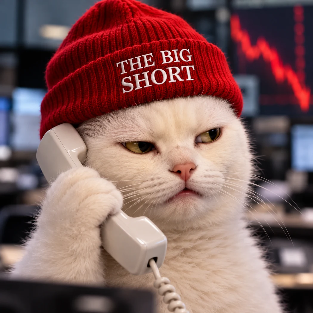 Micheal Purry, a smug white cat in a red THE BIG SHORT beanie, taking a call in front of falling red stock charts.